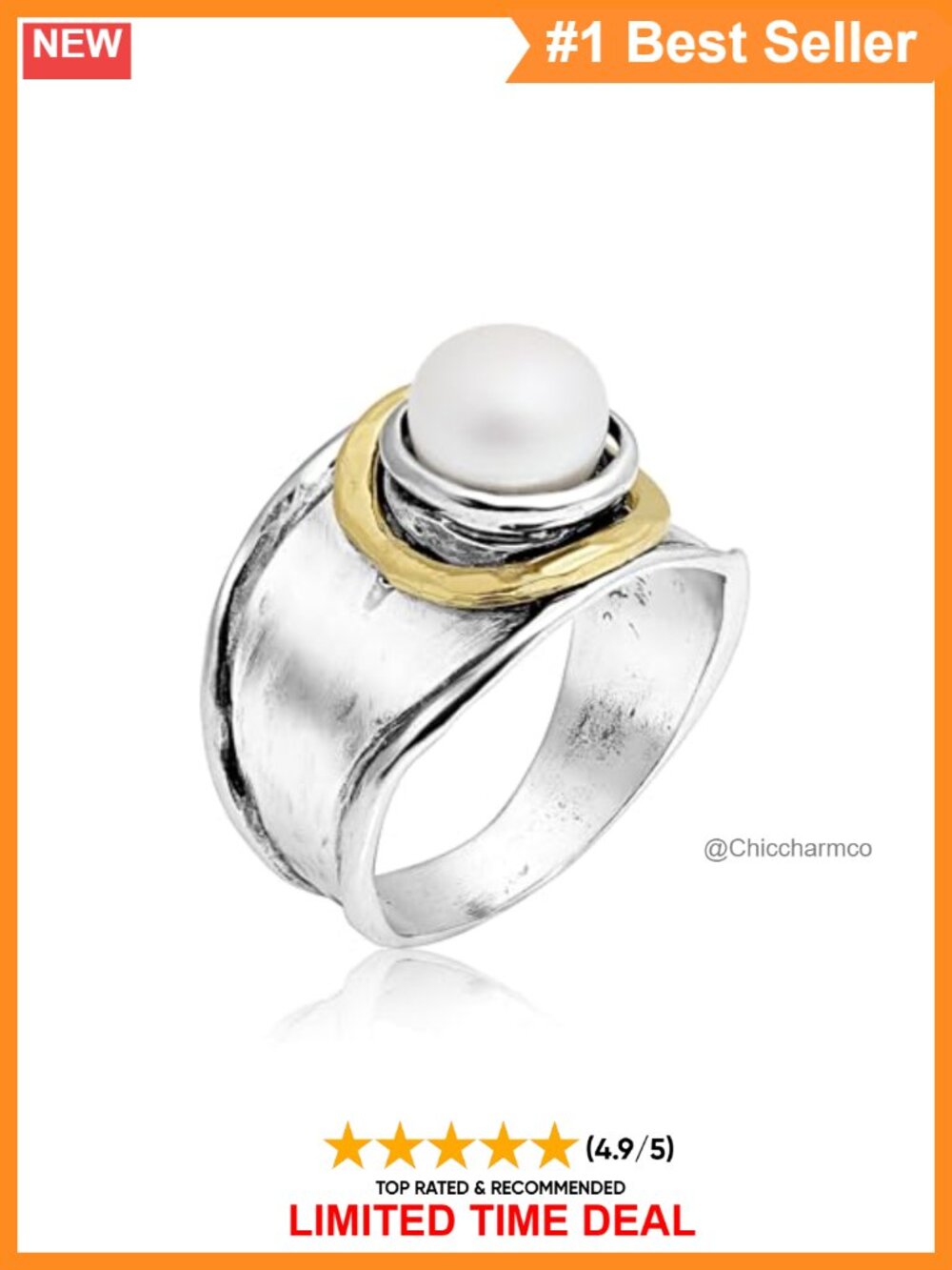 Sterling Silver 14K Gold Plated Hammered Pearl Ring